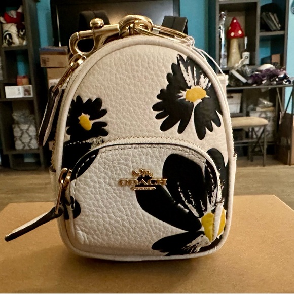 Coach Mini Court Backpack Keychain Fob Bag Charm With Floral Print - Picture 1 of 13